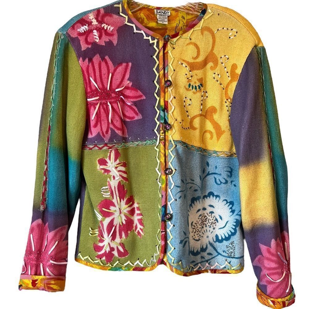 Vintage Sandy Starkman Floral Embroidered Art To Wear Cardigan